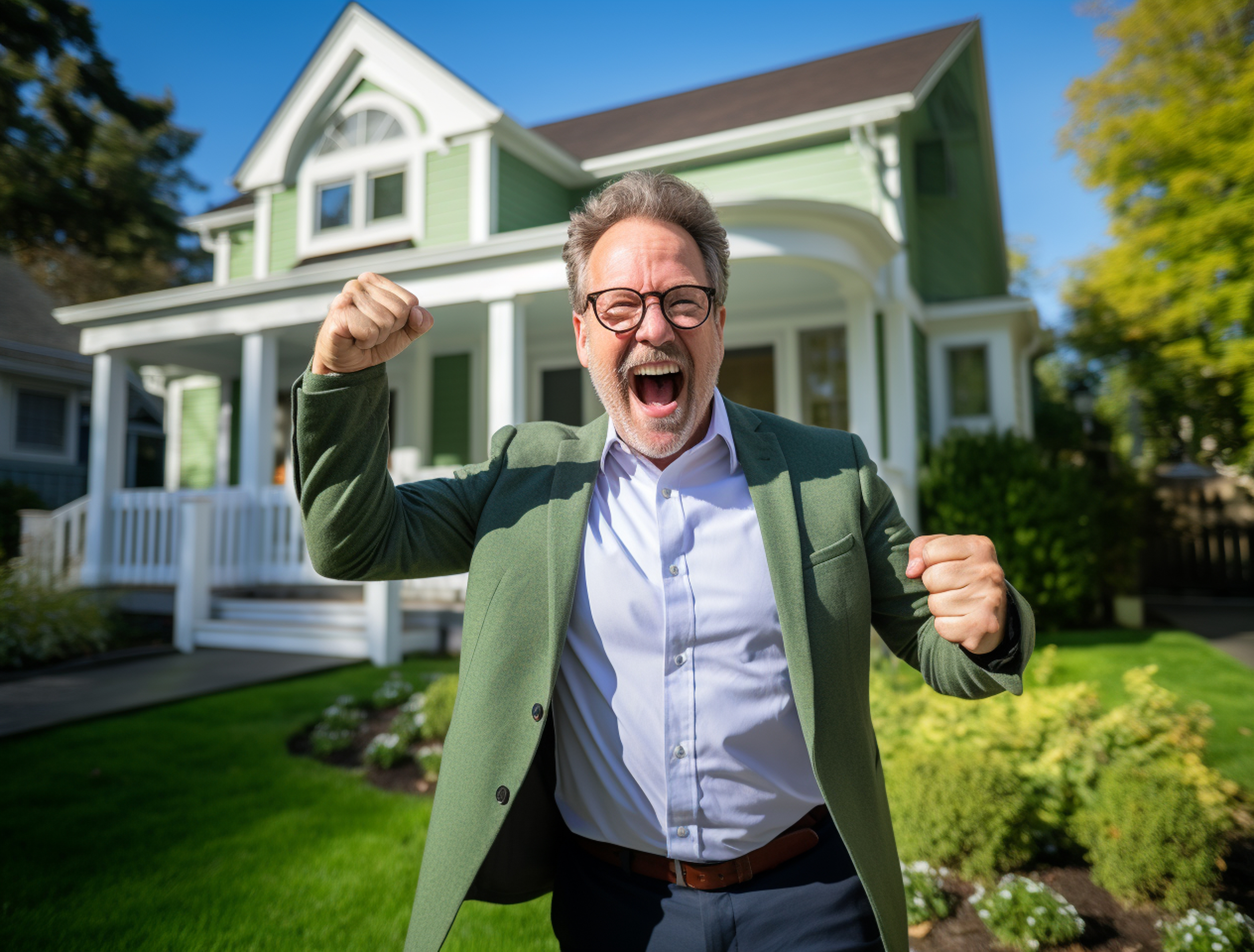 Smiling realtor celebrating in front of a home